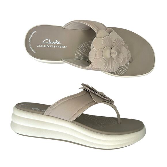 Clarks Shoes - Clarks Cloudsteppers Washable Thong Sandals Drift Flora Sz 6 Stone Taupe Flower